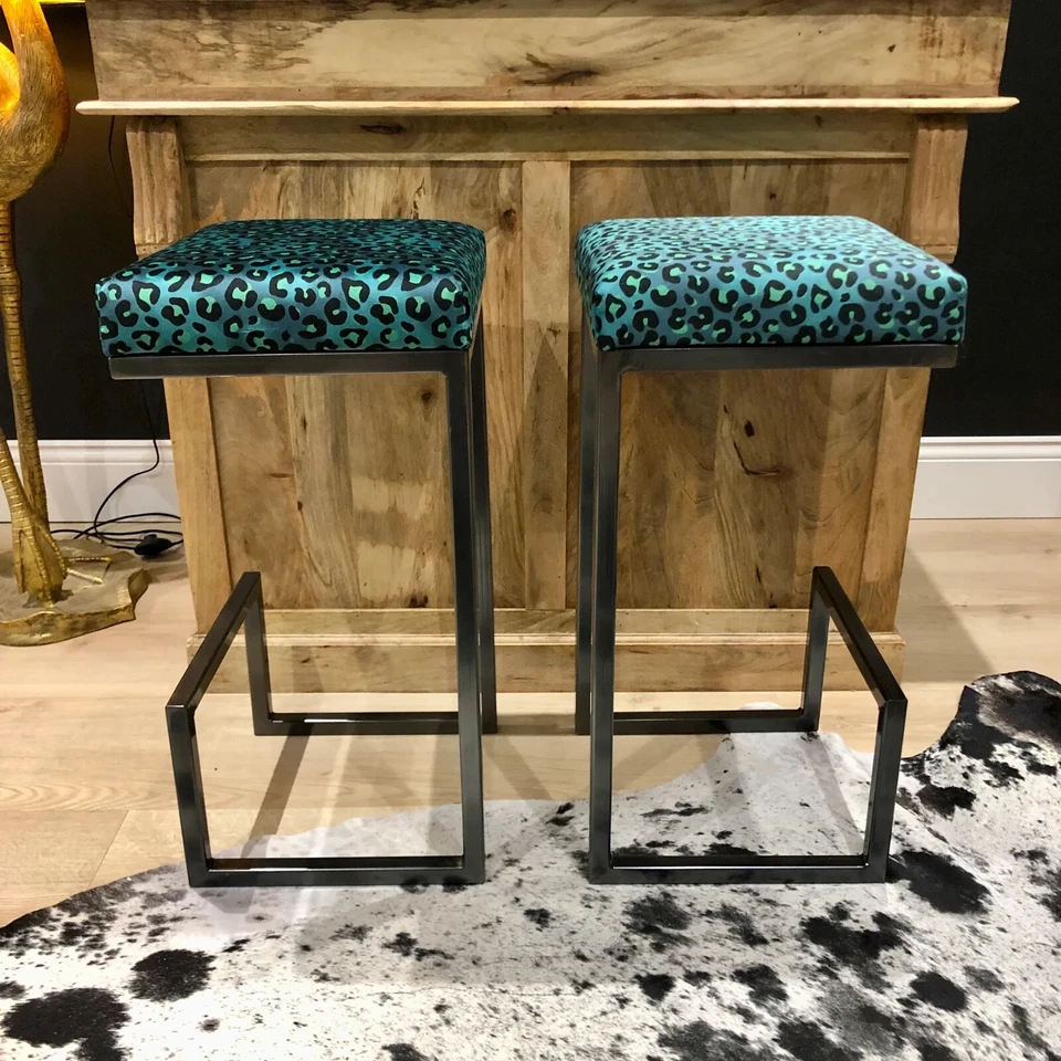 Teal Two Tone Leopard Print Luxury Modern Bar Stools (pair) - Image 3 of 4