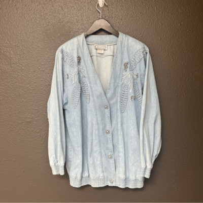 Vintage 90s Laurante White Wash Blue Denim Cotton Jacket Applique