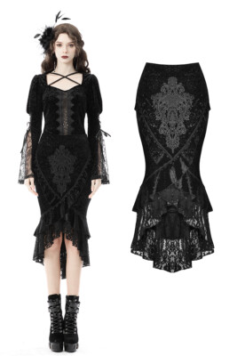 DARK IN LOVE Black Elegant Gothic Velvet Fishtail Lace Steampunk Party Skirt