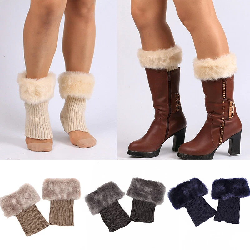 Women Winter Knitted Boot Cuffs Fur Knit Crochet Toppers Trim