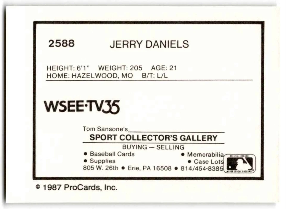 1987 ProCards Jerry Daniels Erie Cardinals #2588 - Image 2 of 2