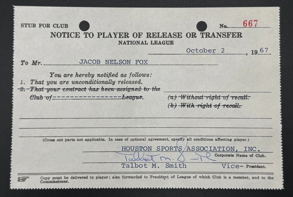 1967 Houston Astros Nellie Fox Signed Baseball Contract PSA 10 Gem Mint AUTO HOF - Image 3 of 4