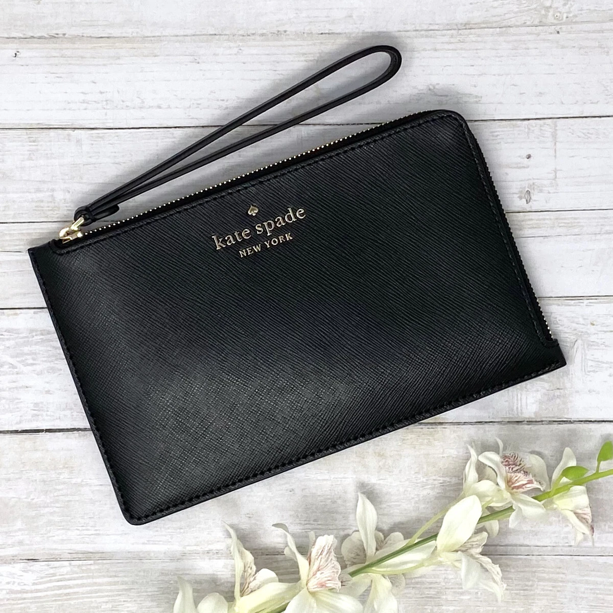 Kate Spade Staci Medium L Zip Leather Wristlet in Black or Pink MSRP 119