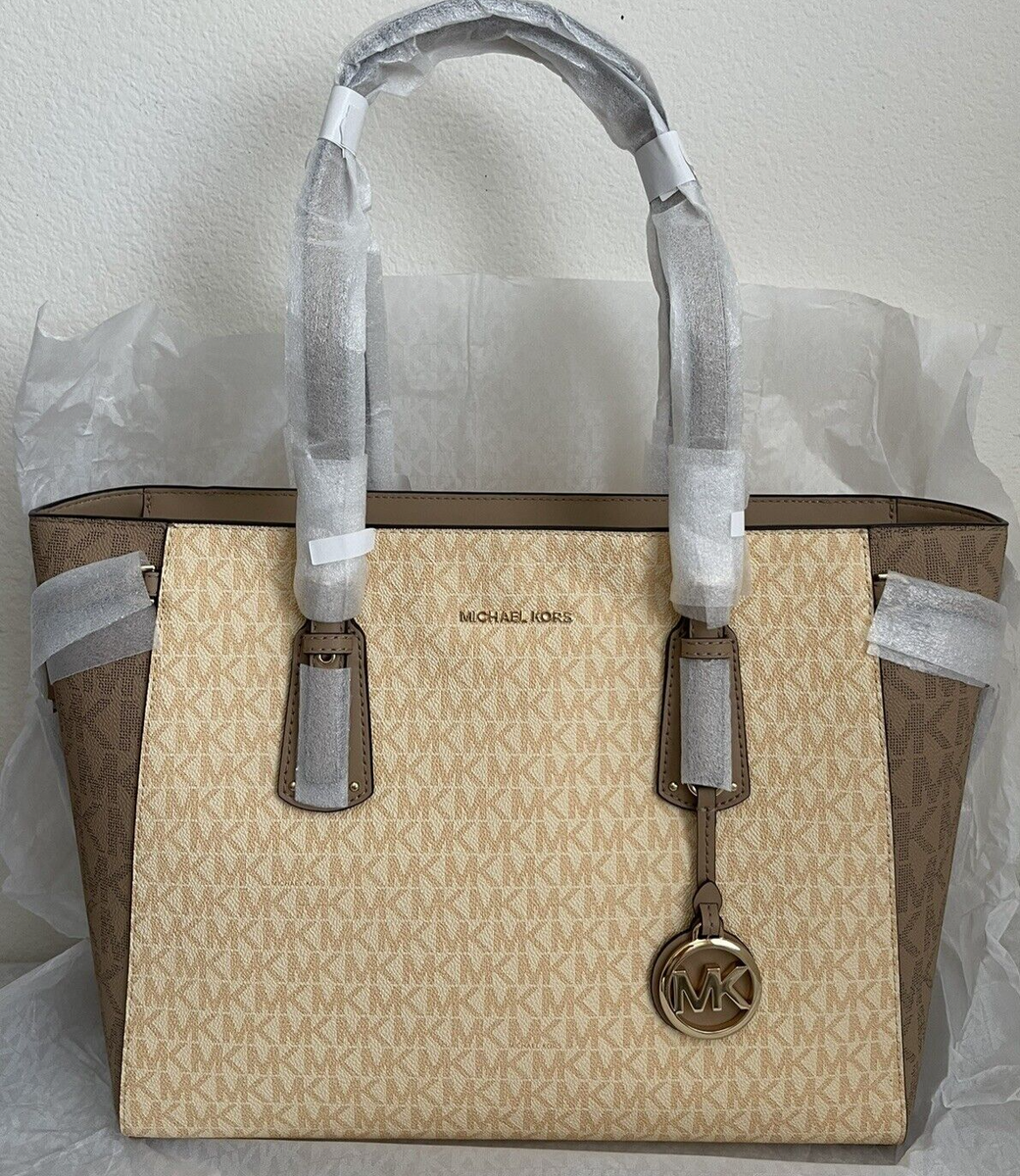 NWT Michael Kors Voyager Medium Color-Block Logo Zip Top Tote Bag  BUTTERMILK MUL