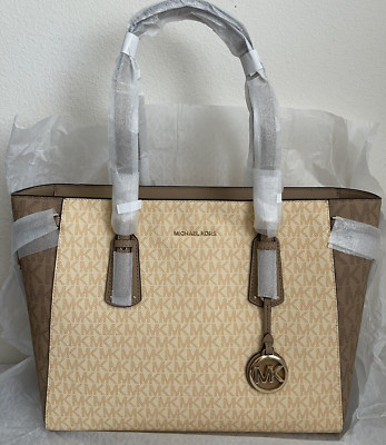 NWT Michael Kors Voyager Medium Color-Block Logo Zip Top Tote Bag BUTTERMILK MUL
