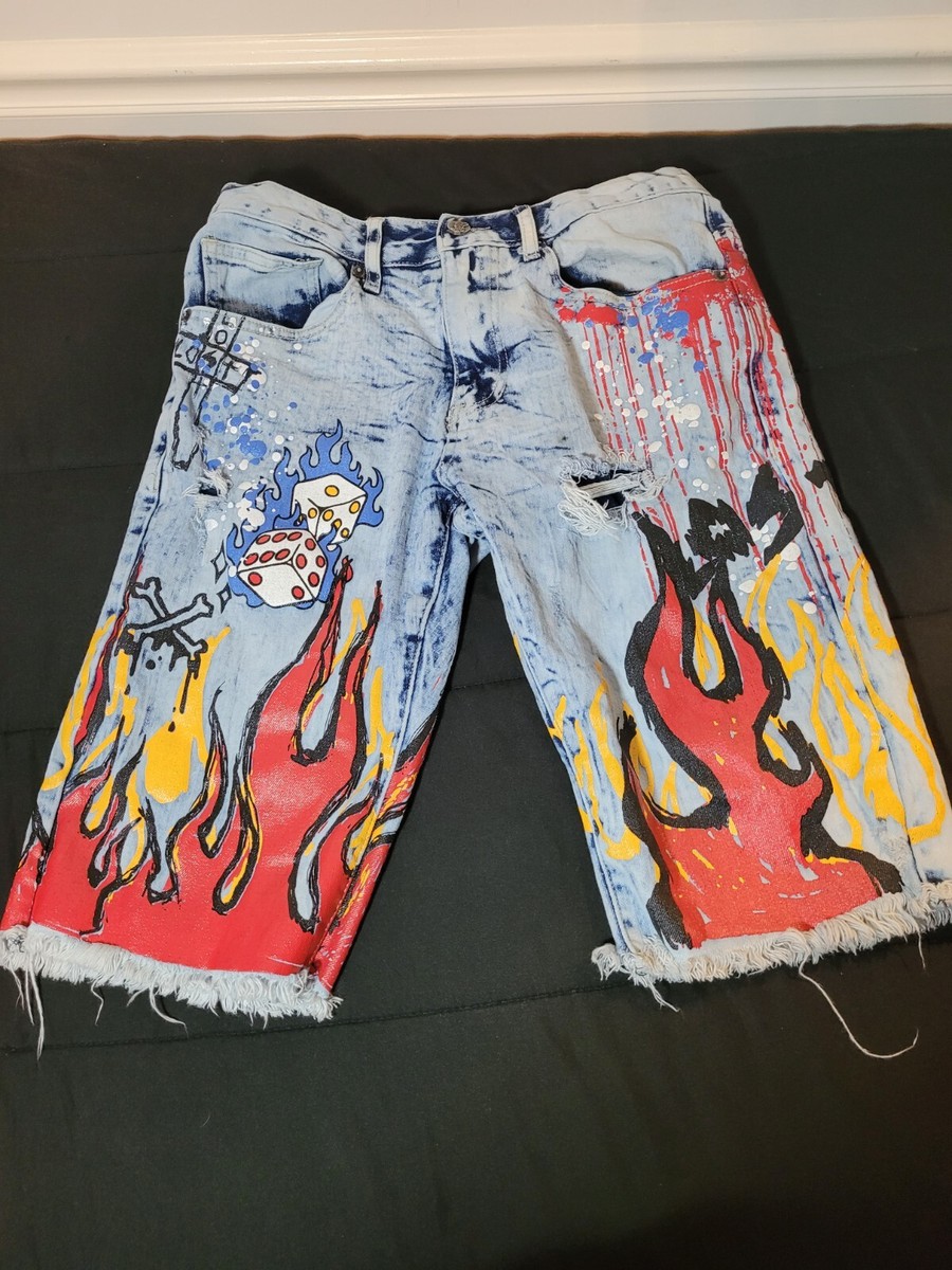 Grindhouse Shorts Men Size 30 Denim Shorts Paint Pattern Design
