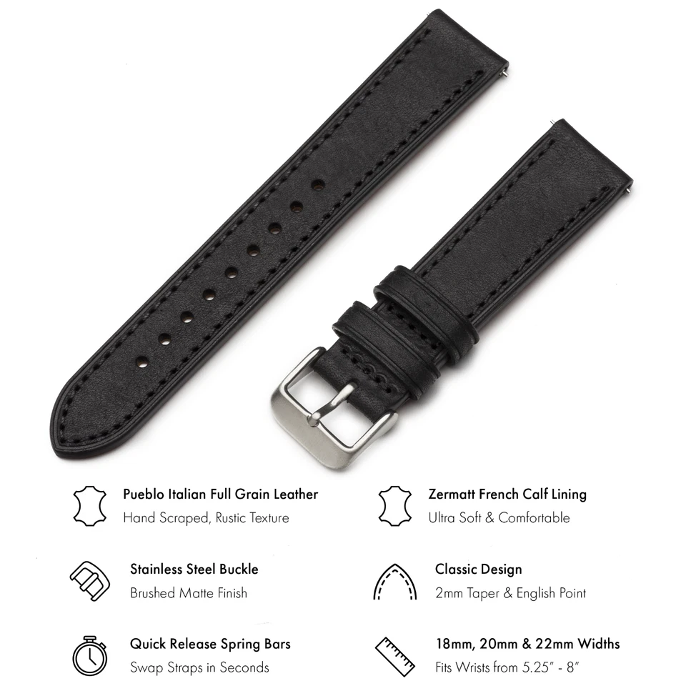 Italian Leather Watch Band - Full-Grain Leather - Black - 18, 20 or 22mm - Image 2 of 4