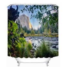 Stone River Green Trees 3D Shower Curtain Polyester Bathroom Decor Waterproof