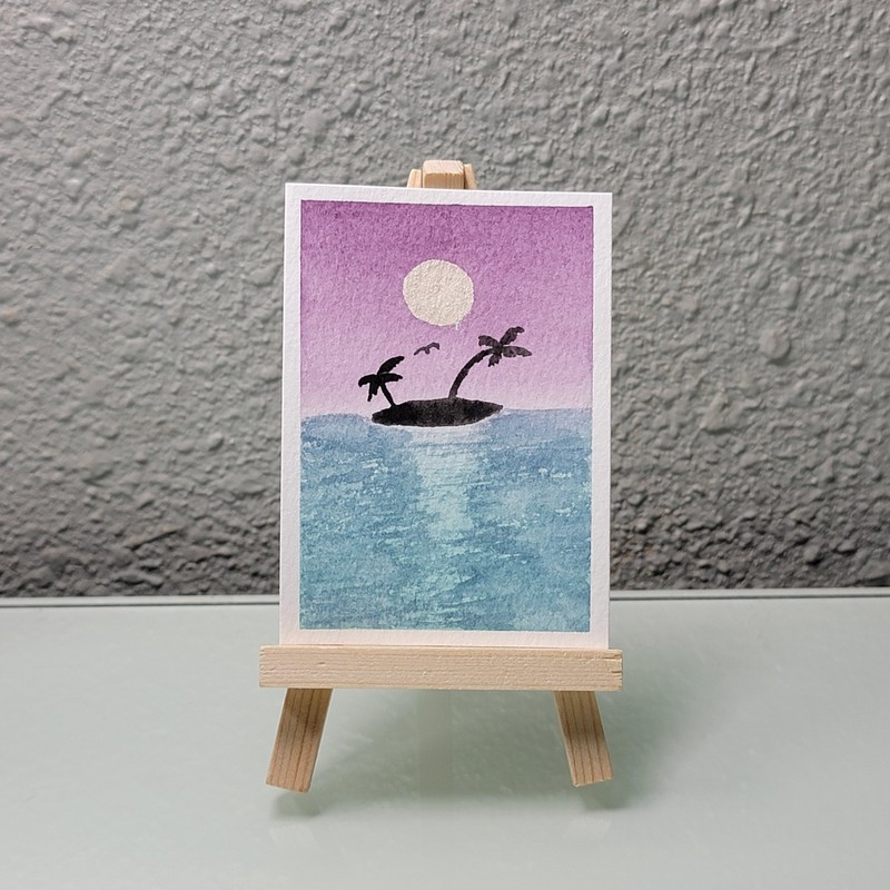 ACEO Original Watercolor Painting Ocean Island Night Palm Trees KatieBearDesigns