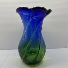 Vintage MCM Handblown Glass Swirl Vase Blue Green Floral Murano Type 8.5" Tall