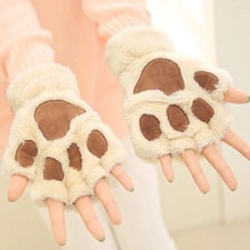 Women Cartoon Cat Claw Gloves Thicken Fingerless Plush Bears Warm Cute Thick Bea
