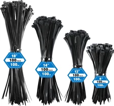 400Pcs Black Zip Ties Assorted Sizes 8–18in, 100Lb Heavy Duty Nylon Cable Ties