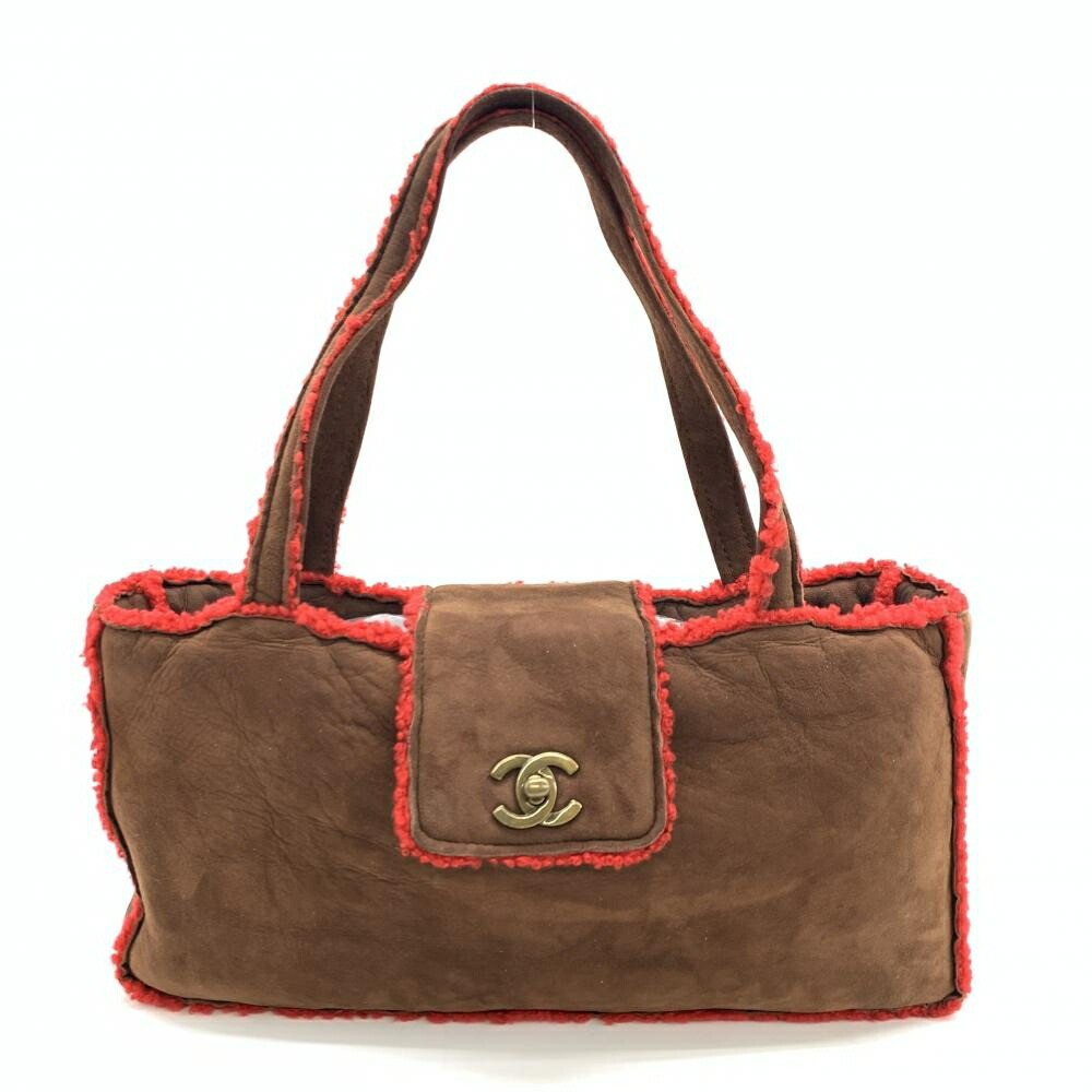 CHANEL A11746 Sheepskin Tote Bag Brown Red Coco Mark Women Handbag
