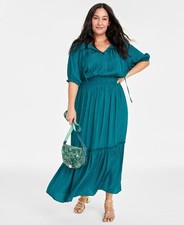 On 34th Jacquard Tiered Maxi Dress Dark forest Neutral Silky Puff Sleeve 2X