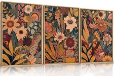 Large Orange Flower Framed Canvas Wall Art Set,Boho Mid Century Modern Floral...