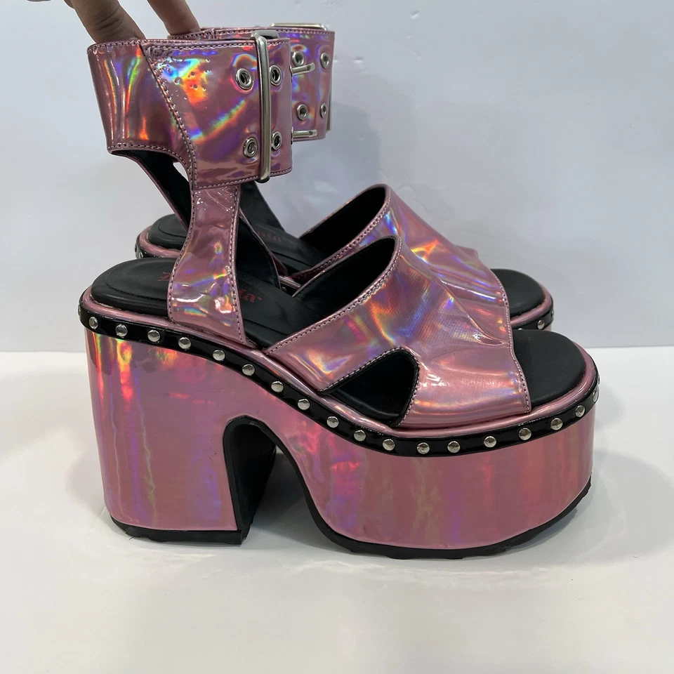 Demonia Camel 102 Stacked Pink Hologram Platform Sandals Punk Grunge Whimsigoth - Image 3 of 4