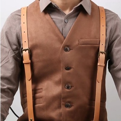 Head Layer Cowhide Leather Men's Suspenders 3 Hook Lock Buckle Trouser Braces