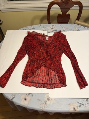 Kim Rogers Signature Women's Sheer Chiffon Ruffle Blouse Floral Red/Black L