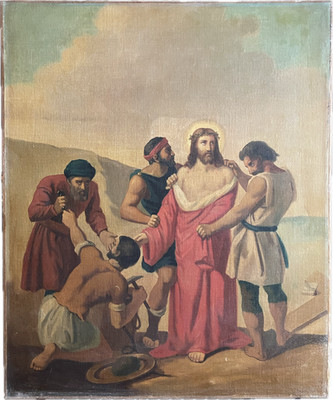 19th French Antique Religious Oil on Canvas - Jesus is stripped of His Garments