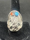 Vintage Signed “LH” Navajo Sterling Silver Turquoise & Coral Ring Sz 10 (J)