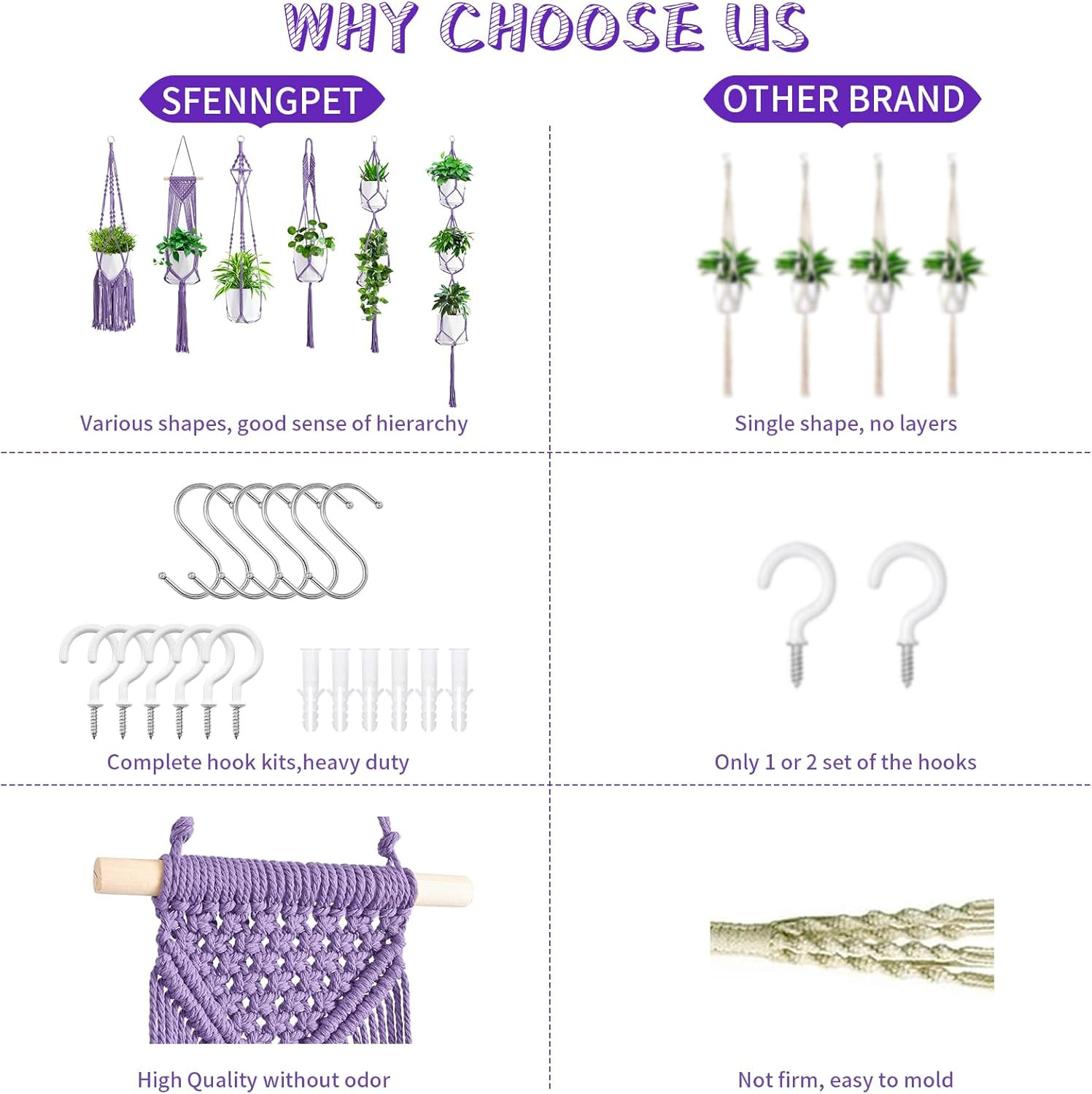 Macrame Plant Hangers, 6Pack Hanging Planters for Indoor Plants W/ 6 Set Hangers