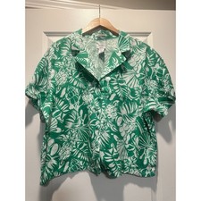 Nicole Miller Green Tropical Top 100% Linen Large