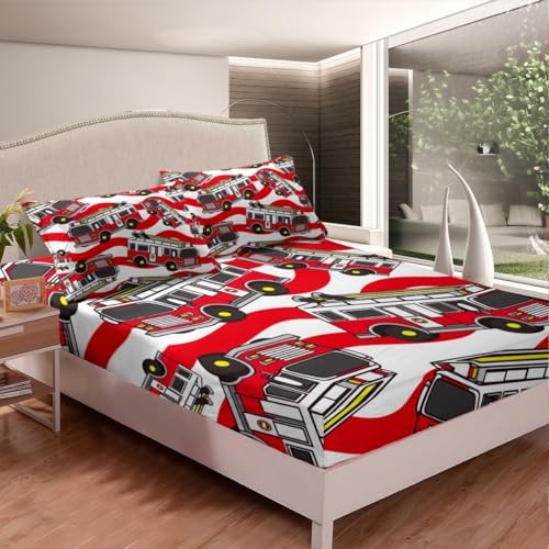Fire Truck Fitted Sheet Kids Cartoon Car Bedding Set for Boys Firefighter Bed - Picture 2 of 7