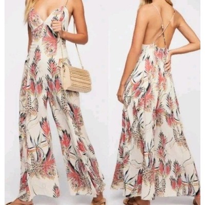 Free People Heatwave Printed Maxi Jumpsuit Cream Multi Wide Leg Boho Size 0