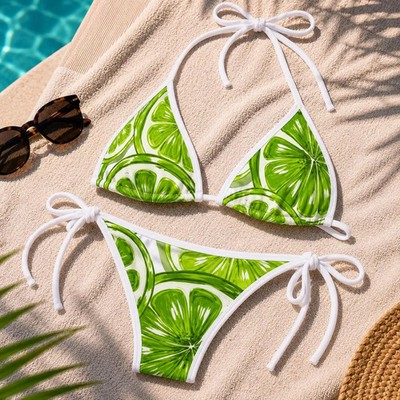 Lime Slice Fruit Print Pattern Women String Bikini Swimsuit