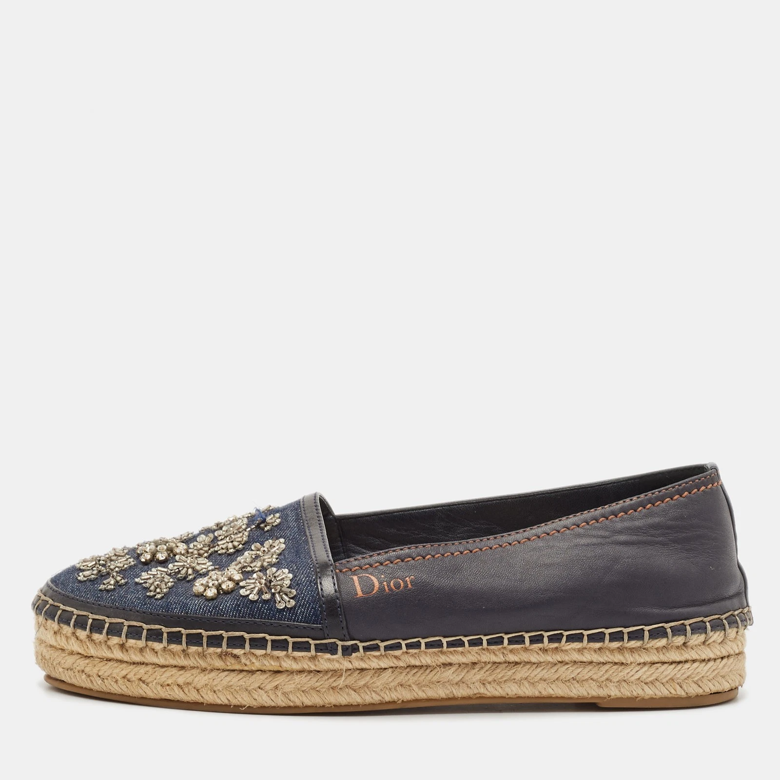 Espadrilles plates Dior noir/bleu en denim et cuir ornées taille 36,5