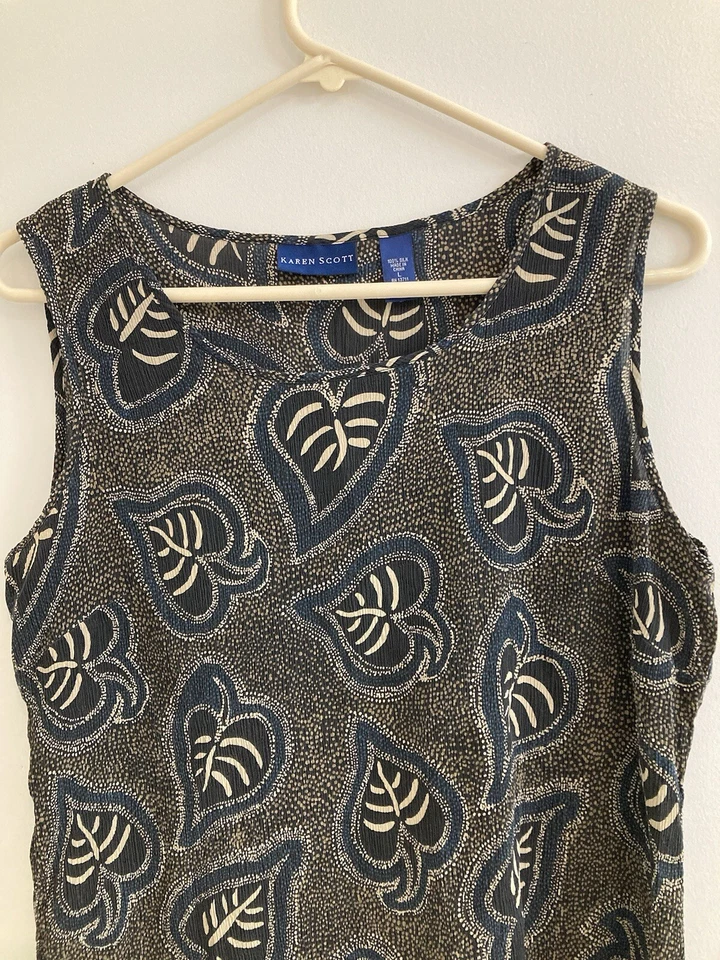 Camiseta sin mangas Karen Scott para mujer talla L floral 100 % seda marrón gasa negra boho Foto 3 de 4