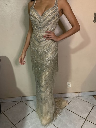 Mac Duggal Fringe Fully beaded Silver formal gown, size 8, fits like a 4/6  | eBay