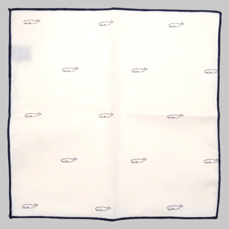 Mens Linen WHALE Print Handkerchief Pocket Square Cream Navy Border Hanky 9.5" - Image 2 of 4