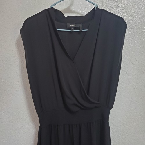 THEORY Midi Dress Women L Black Draped Surplice Short Sleeve 100% Silk Side Slit - Foto 4 di 12
