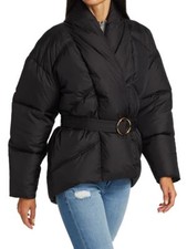 Frame Wrap Puffer Jacket Shawl Collar Women's Belted Quilted Nylon Black Coat *l