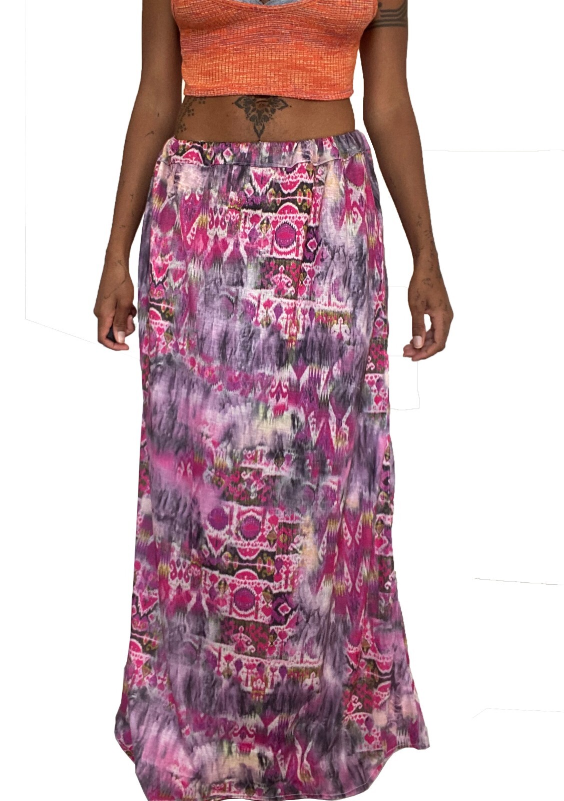 Boho maxi skirt pink ethnic summer print hippy casual size 10-12 long flowy-image