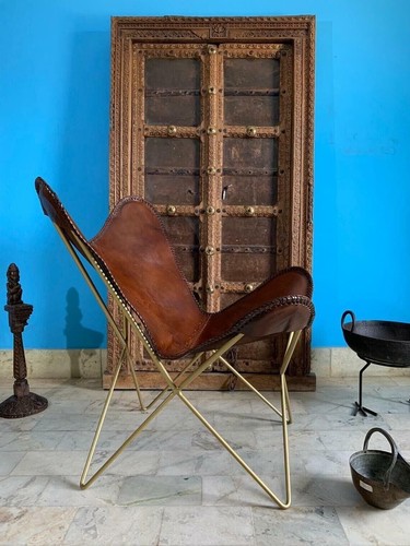 Retro Vintage Leather Butterfly Chair Tan leather Handmade Cover Office chair - Picture 5 of 7