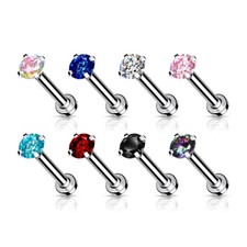 Juego de anillos de pasadores de nariz de labret con espalda plana de 18 G con puntas de acero quirúrgico gemas circonita cúbica joya