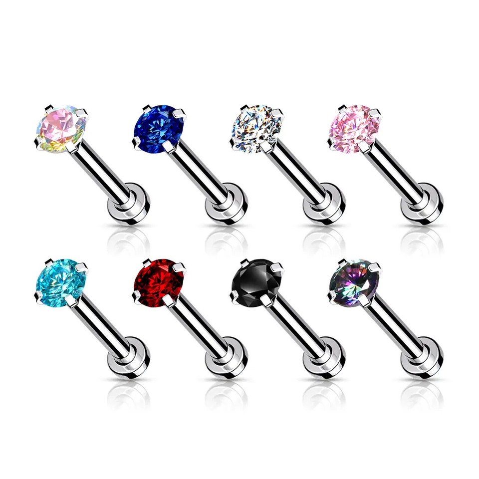 18G Flat Back Labret Studs Surgical Steel Prong Set Top CZ Nose Stud Labret Jewelry 8mm