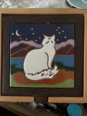 Boxes By Bruce wood trinket box square with Tile Lid Of White cat image