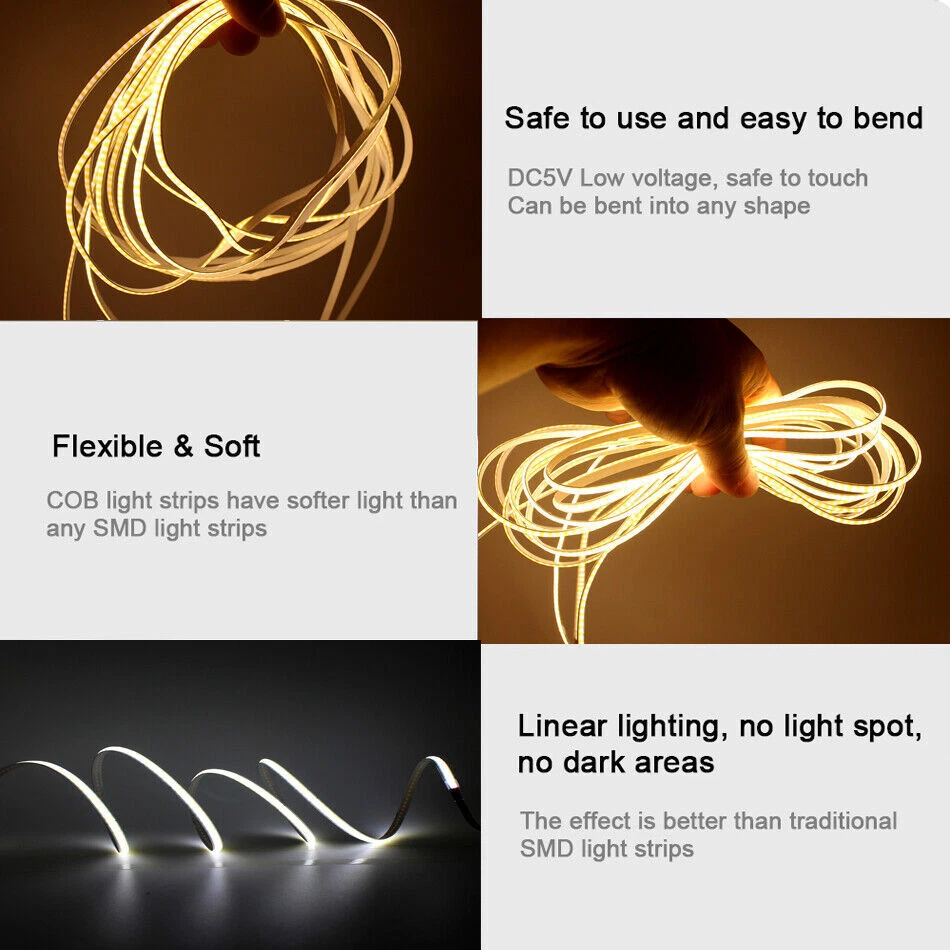 3mm 5mm 8mm COB LED strip light Tape light 384LEDs/m High Density RA90 light bar - Image 4 of 4
