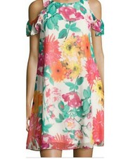 Eliza J Size 10 Cold Shoulder Bright Floral Shift Dress Chiffon Party Easter