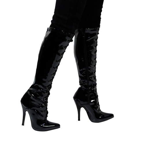 Women Knee High Boots Front Lace Up High Heeled Stiletto Sexy Boots