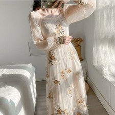 Lady Embroidery Floral Mesh Dress Puff Sleeve Ruffle Retro Elegant Midi Fashion