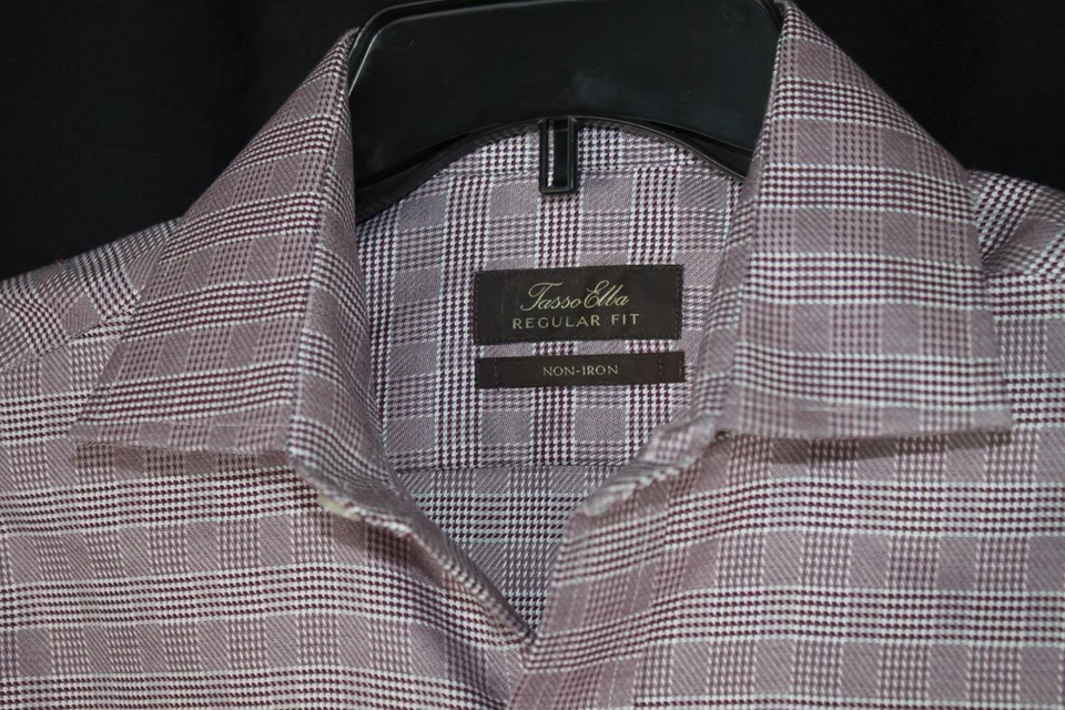 Tasso Elba Mens Dress Shirt Regular Fit Non Iron Check Plum Burgundy 15 1/2 NWT - Image 3 of 3