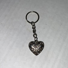 Puffy Heart Keychain Silvertone Metal Floral Design Metalwork Keyring Love Gift