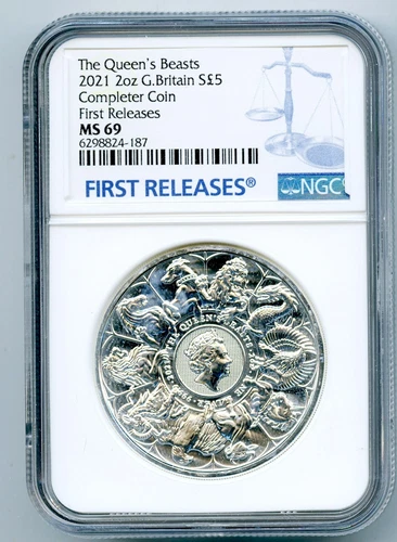2021 GREAT BRITAIN 2OZ SILVER NGC MS69 QUEEN'S BEASTS COMPLETER COIN - EX THICK