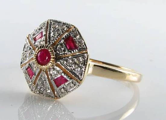 Anillo Art Deco Cocktail 9K 9CT Oro Rosa Rubí y Diamantes Cluster Ajuste Gratis