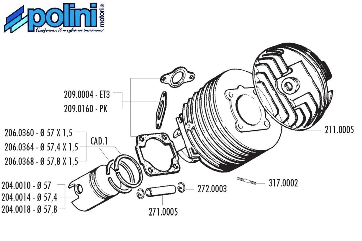 Kit Haut Moteur En Fonte Polini 57mm 130cc Pour Vespa 125 2T ETS, PK, Primavera - Neuf