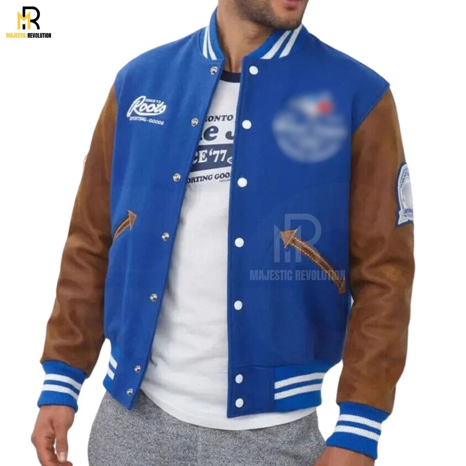 Chaqueta Universitaria Toronto Blue Jays Letterman Lana y Cuero Real Mangas Chaqueta - Imagen 3 de 4